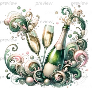 Bouteille de champagne et flûtes PNG pour les célébrations et les invitations pour la Saint-Sylvestre, faire-part de douche de mariage
