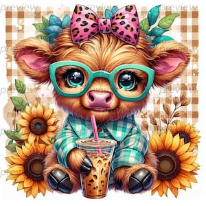 Lindo diseño de sublimación PNG de vaca de las tierras altas con girasoles y café Descarga digital para manualidades y decoración, arte para amantes de las vacas