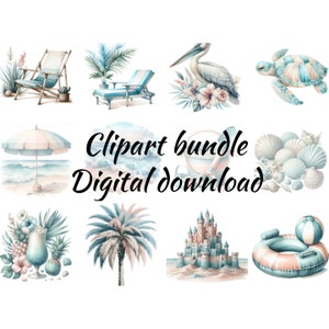 Sommer Strand Aquarell Clipart Set, Urlaub Clip Art, Boho tropischer Ozean, Sandburg Clip Art Bundle Png-Dateien
