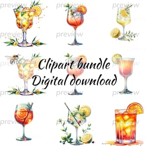 Getränk-Cocktail-Bundle PNG, Cocktail-Clipart-Bundle, Illustratives Design, Lemoncello Spritz, Bienenknie, Tequila Sunrise, Aquarell Clipart