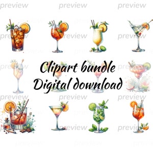 Drink cocktailbundel PNG, cocktail clipartbundel, illustratieve ontwerpen, aangepaste handtekeningcocktail, menubriefpapier, aquarel clipartset