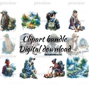 Granola Girl Clipart - Naturliebhaber Clipart - Aquarell Camping Art-Backpacking, Wandern, Outdoorsy Design-Mädchen in der Natur-Camping PNG-BIPOC