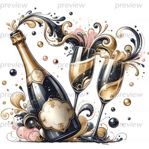Botella de champán y copas PNG Arte digital para celebraciones e invitaciones a fiestas de Nochevieja Invitación de despedida de soltera en negro y dorado