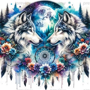 Mystical Wolf with Dreamcatcher and Floral Clipart, Moon Phase PNG, Grey Wolf Art, Full Moon PNG, Dreamcatcher PNG, Wolves, Nature Design