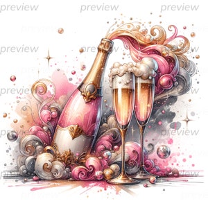 Botella de champán rosa y flautas png, acuarela de champán, despedida de soltera, arte de fiesta de bodas, viaje de niñas o celebración PNG para camisetas,