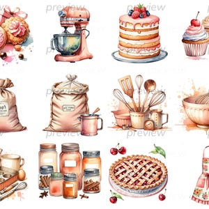Watercolor Baking Clipart, Baking Supplies Png, Home Bakery Logo, Cookie Baking PNG, Culinary Clipart Set, Bakery Clipart Bundle, Invitation