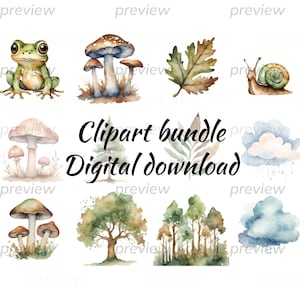 Clipart di elementi della foresta del bosco, decorazione per nursery dell’acquerello, funghi, alberi, nuvole, foglie, rana, arte per cameretta con lumaca, digitale