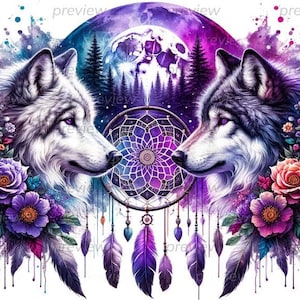 Mystischer Wolf mit Traumfänger und Blumen Clipart, Mondphase PNG, Grauer Wolf Kunst, Vollmond PNG, Traumfänger PNG, Wölfe, Naturdesign