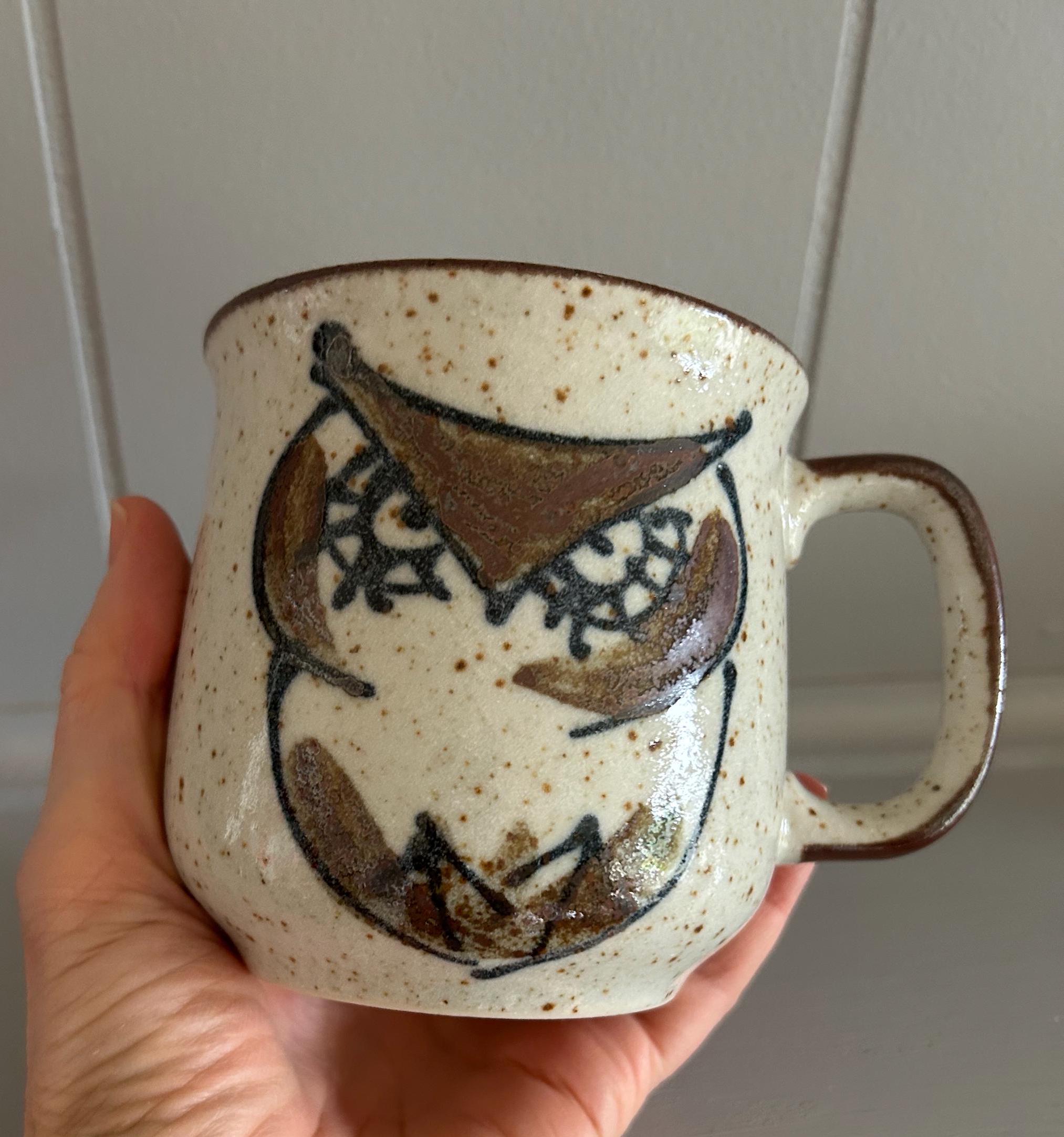 1970s Vintage Ceramic Owl Mug | Grumpy Brown Speckled Stoneware | 14oz Coffee or Tea Cup