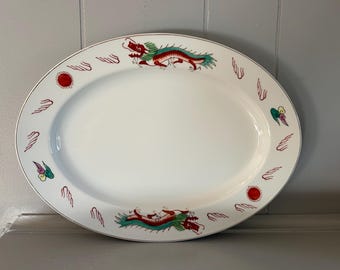 14.5" Vintage Red Dragon Oval Serving Platter | Chinese Restaurant Ware