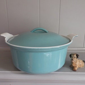 May include: A light blue enamel cast iron Dutch oven with a white rim and white handles. The lid has a white knob.