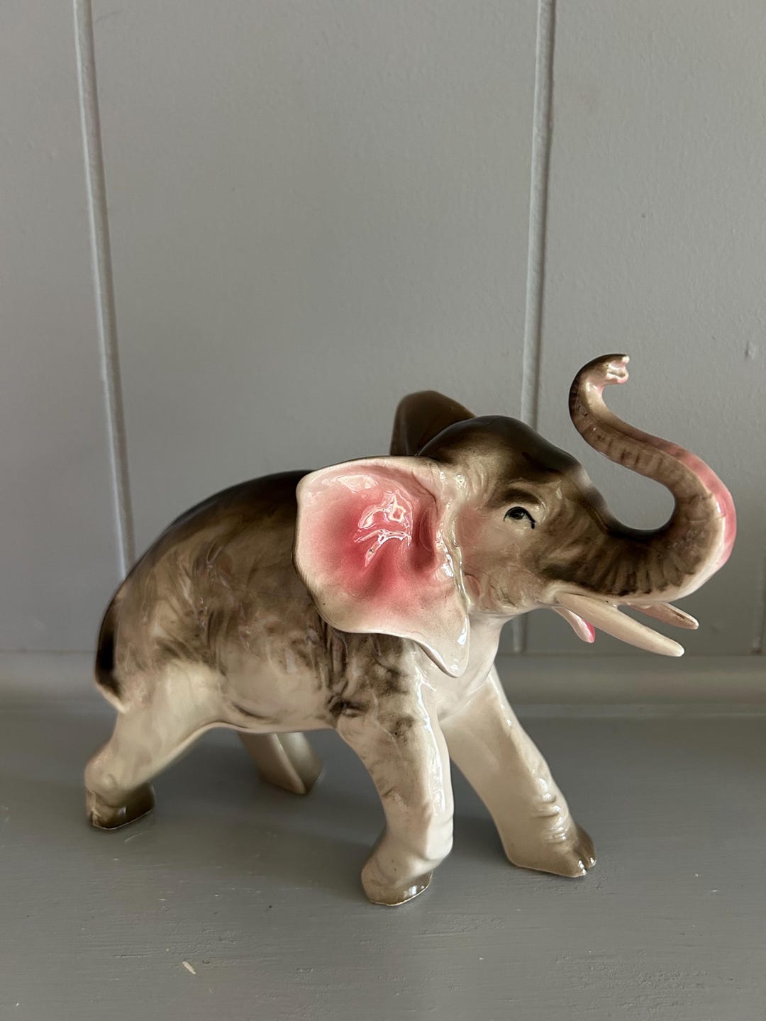 Vintage Pink & Gray Ceramic Elephant Figurine - Made in