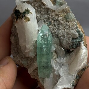 May include: A mineral specimen featuring a prominent, translucent, light green prismatic crystal alongside a larger, opaque white crystal formation. The crystals are embedded in a textured, light brown and grey rocky matrix with smaller white shards.