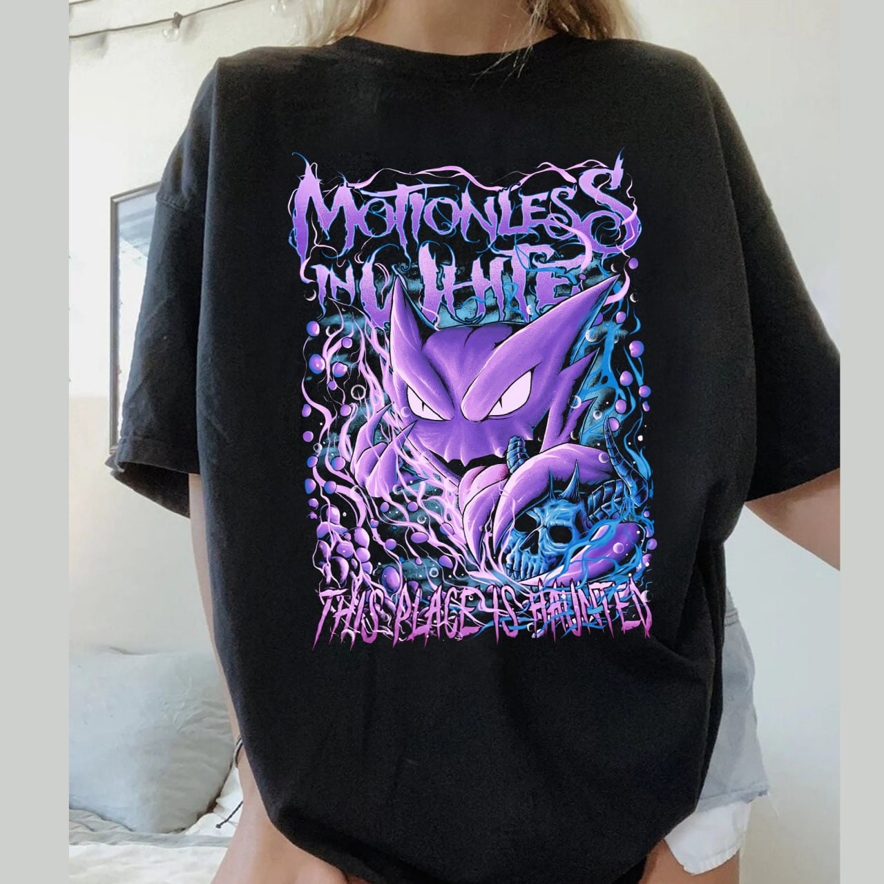 Discover This Place Is Hauntered Shirt, Haunted Gengar Motionless In White Shirt