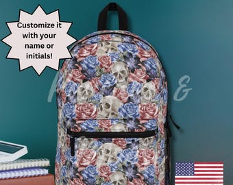 Skull and Black Rose Pattern Backpack | Gothic Floral Skull 