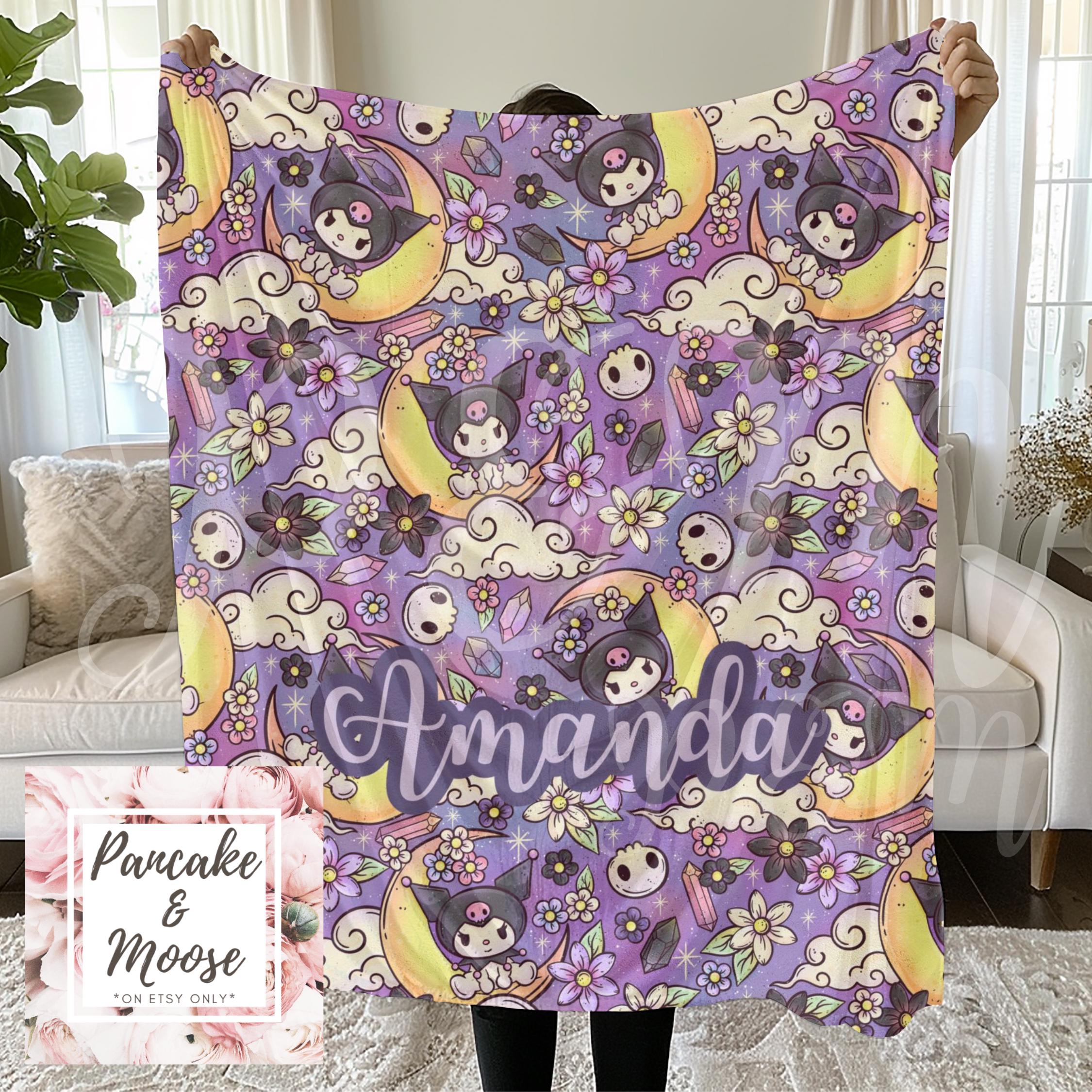 Discover Kitty Friend Gothic Moon Fleece Blanket, Pastel Goth Personalized Throw, Kawaii Cozy Blanket with Custom Name