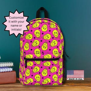 Personalized Dripping Smiley Backpack - Custom Name Neon Pink Backpack for Kids, Teens & School
