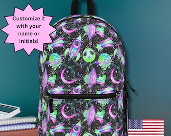 Neon Galaxy Rakete Rucksack - Personalisierter Weltraum Schultasche | Alien & Rocket Print für Kinder und Jugendliche