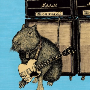 May include: A capybara wearing a guitar strap and holding a black and white electric guitar, sitting in front of two black Marshall guitar amplifiers.
