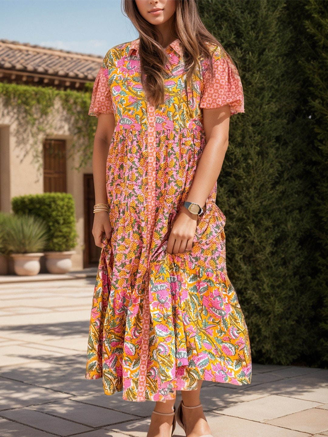 Printed Collared Neck Long Sleeve Lounge Dress