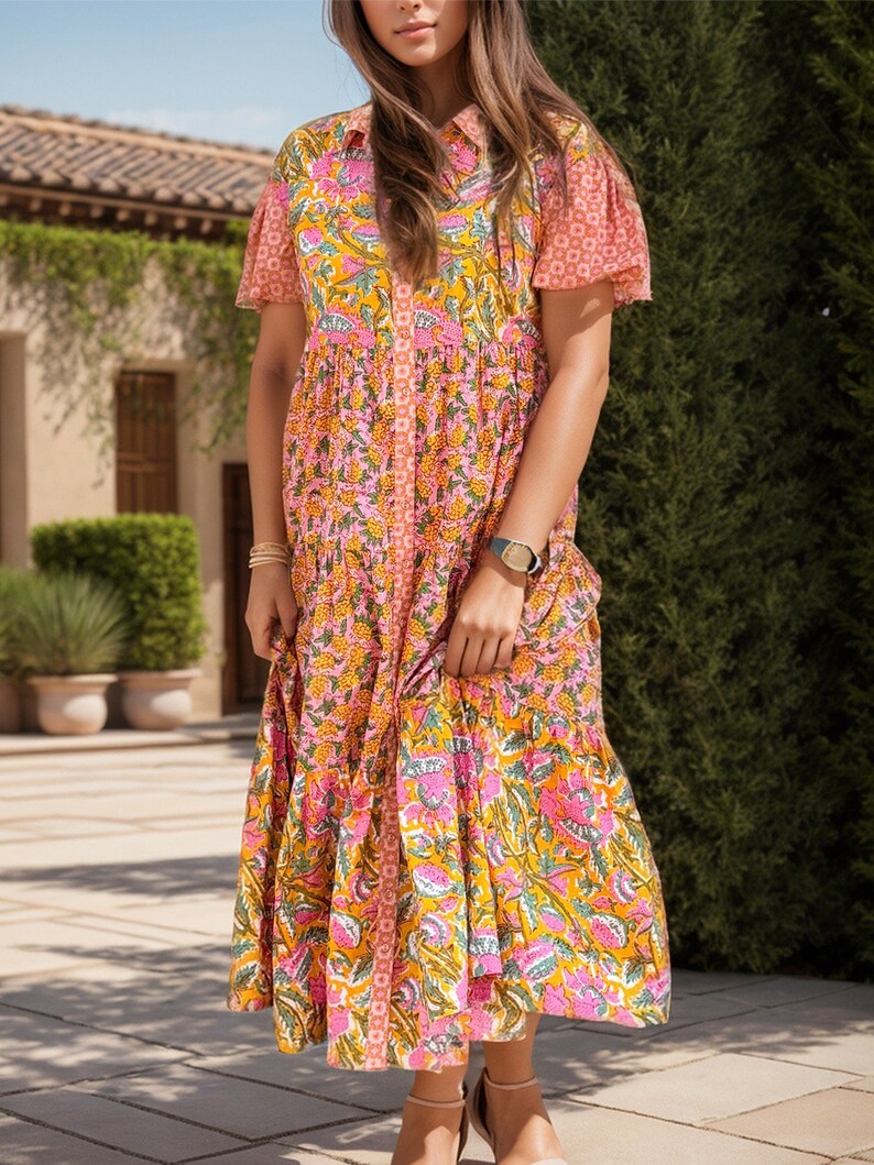 Printed Square Neck Short Sleeve Midi Dress main image 0