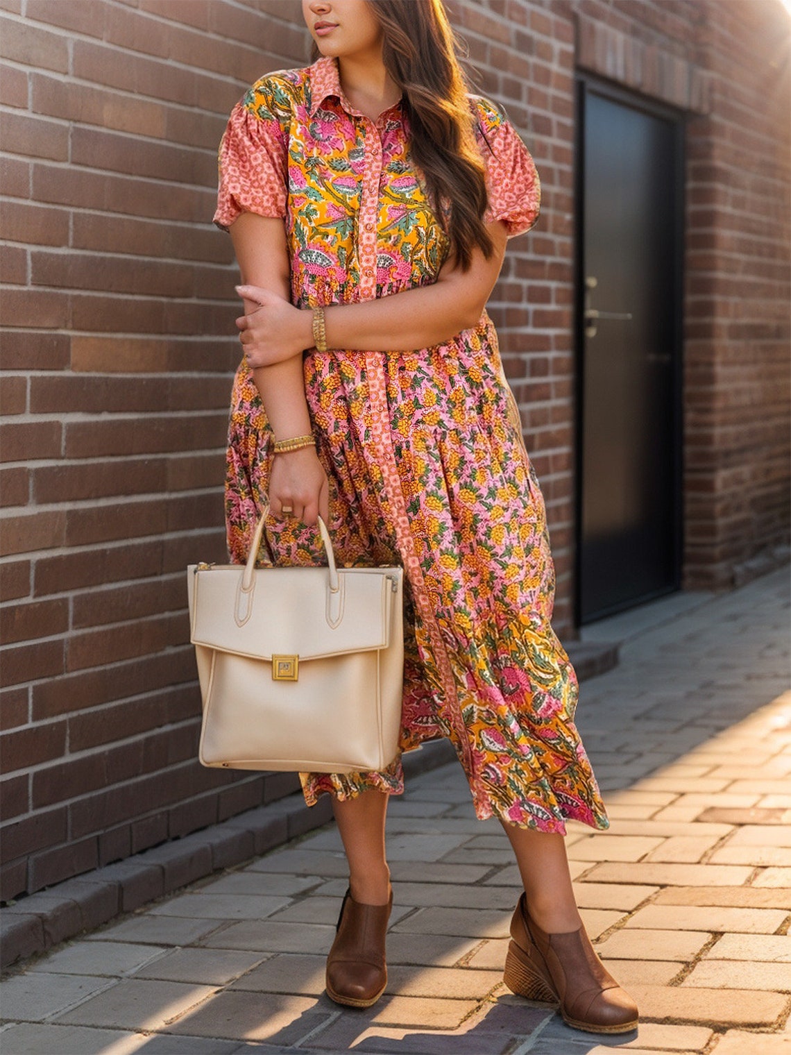 Printed Collared Neck Short Sleeve Mini Dress