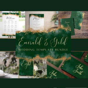 Lot de réception de mariage vert émeraude. Comprend un faire-part de mariage personnalisable, des cartes de menu, des noms de table et des modèles de plan de table.