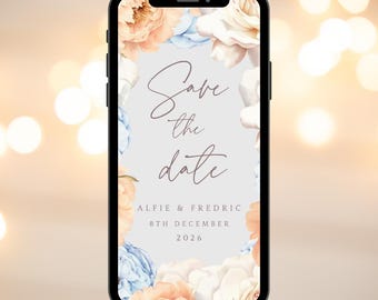 May include: A save the date phone screen with a floral design in shades of peach, white, and blue. The text reads "Save the date" with the names "Alfie & Fredric" and the date "8th December 2026".