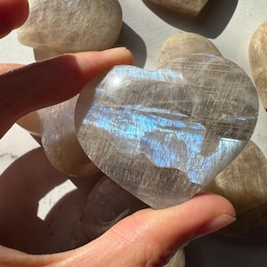 以下が含まれることがあります： ベージュとクリーム色のハート型のムーンストーンの結晶。1つの結晶が持ち上げられ、青色の虹色の輝きを放っています。他のハート型の石が背景に散らばっており、研磨された宝石のコレクションを形成しています。