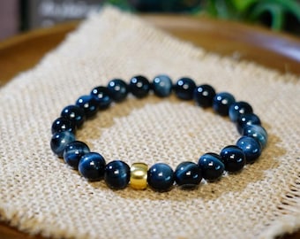 Pulsera de ojo de tigre azul natural - Ajuste elástico - Intuición y regalo de cristal para el Día del Padre - Pulsera de cristal curativo - Joyería de cristal