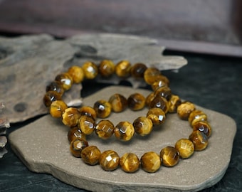 Multi-Faceted Tiger’s Eye Bracelet – Natural Golden Brown Crystal Healing Jewelry for Protection, Confidence & christmas crystal gift