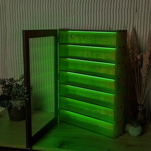 Led Display Case, Wood display case glass top, Display case for figures, Wood cabinet, Display for collectibles,Display shelves for crystals