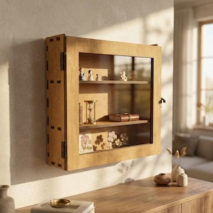 Puede incluir: Una vitrina de pared de madera con puerta frontal de cristal y dos estantes interiores. La vitrina contiene pequeñas figuras, un reloj de arena dorado, un pequeño libro encuadernado en cuero e ilustraciones florales en los estantes.