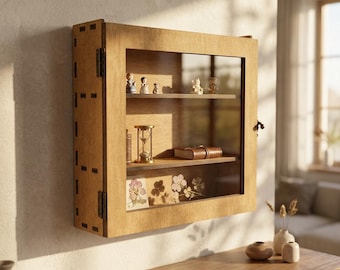 Wood Display Cabinet with Glass Door, Collectible Figure Shelf Wall Mount