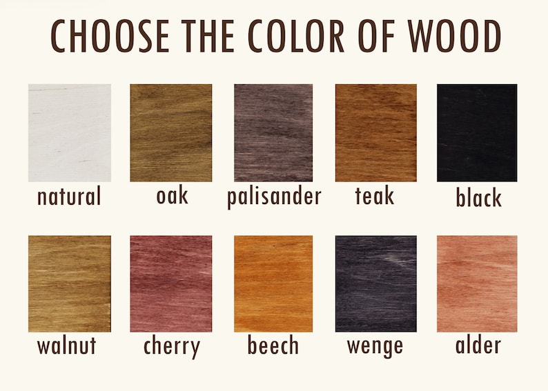 Pode incluir: Um gr&aacute;fico que mostra dez cores de madeira diferentes, incluindo natural, carvalho, palissandro, teca, preto, noz, cereja, faia, wengu&eacute; e amieiro.