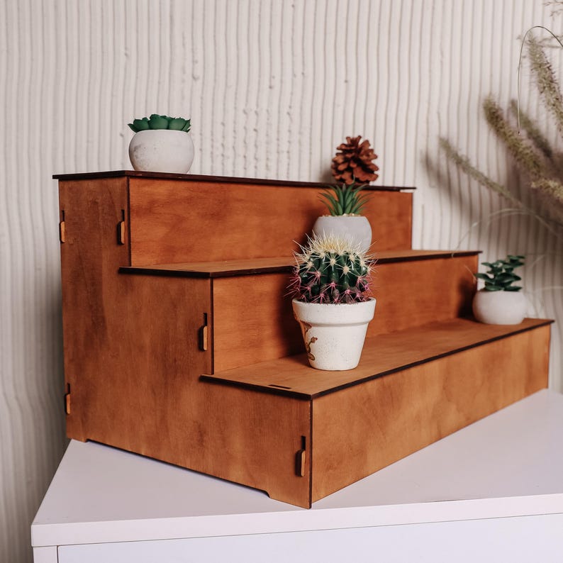 Pode incluir: Uma prateleira de madeira de tr&ecirc;s n&iacute;veis com acabamento em tom de marrom. A prateleira &eacute; decorada com plantas em vasos, incluindo um cacto, suculentas e uma pequena pinha.