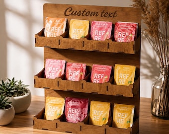 Wooden Tea Bag Display Stand, Custom Text Retail Display, 3-Shelf Organizer