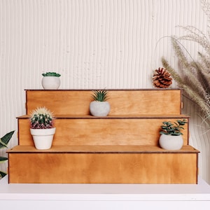 Pode incluir: Unidade de prateleira de madeira de tr&ecirc;s n&iacute;veis com acabamento em madeira natural. A unidade de prateleira &eacute; decorada com plantas em vasos, incluindo um cacto, uma suculenta e uma pequena &aacute;rvore.