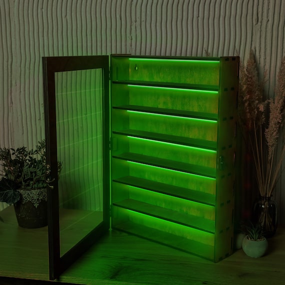 Led Display Case, Wood display case glass top, Display case for figures, Wood cabinet, Display for collectibles,Display shelves for crystals