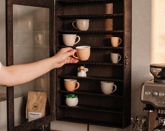 Wooden Wall Mounted Display Cabinet with LED Lights, Mug Shelf Storage