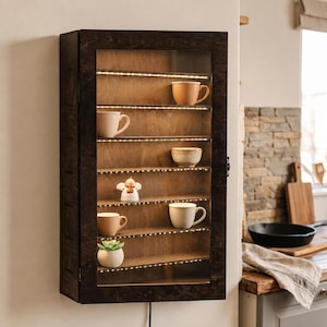 May include: A dark wood display cabinet with a glass door, displaying mugs, a small bowl, a ceramic angel figurine, and a small potted succulent. The interior has warm LED strip lighting. The cabinet is mounted on a light-coloured wall.