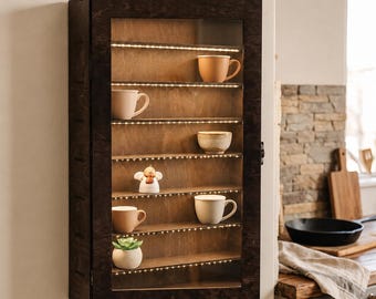 Wooden Wall Mounted Display Cabinet with LED Lights, Mug Shelf Storage