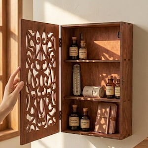 Armario de baño de madera, estilo rústico, con forma de botiquín tallado, con puerta.