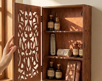 Wooden Bathroom Wall Cabinet Rustic Carved Medicine Cabinet Wall Mounted Storage with Door