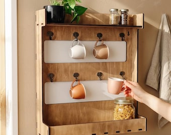 Wooden Mug Holder Stand, Rustic Kitchen Organizer, Wall or Countertop Display