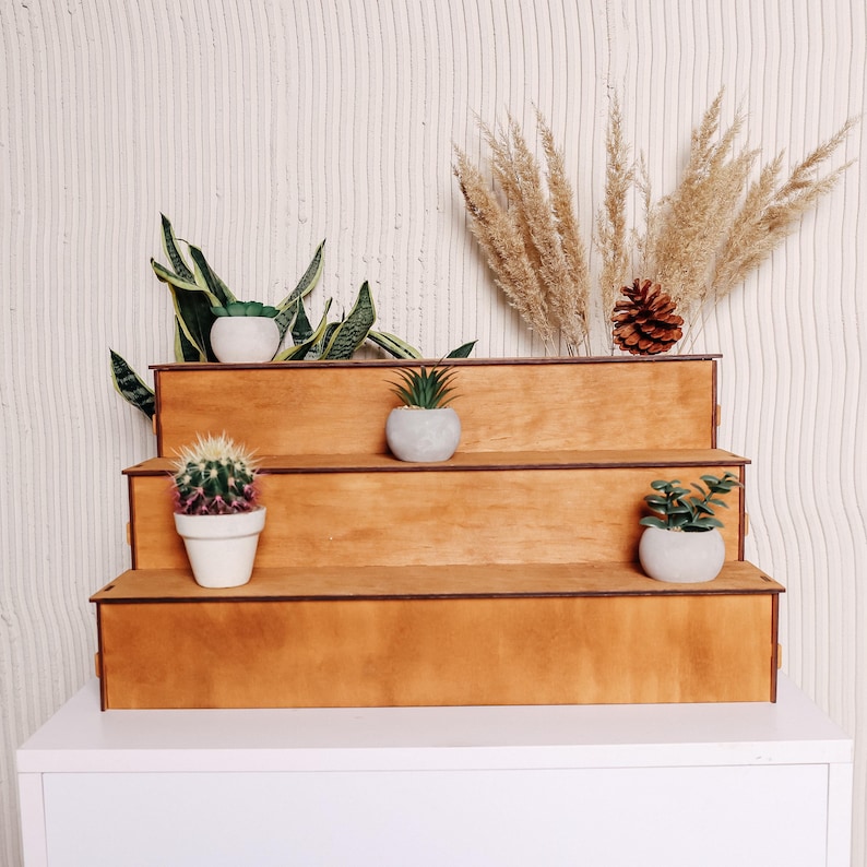 Pode incluir: Uma estante de madeira de tr&ecirc;s n&iacute;veis com acabamento em madeira natural. A estante &eacute; decorada com plantas em vasos, incluindo um cacto, uma suculenta e uma planta cobra. A estante est&aacute; sentada em uma superf&iacute;cie branca.