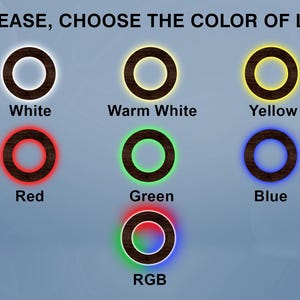 以下が含まれることがあります： LEDライトの色を表す6つの異なる色の円が描かれたチャート。白、暖色系白、黄、赤、緑、青、RGB。チャートの上部には「PLEASE, CHOOSE THE COLOR OF LED」というテキストがあります。