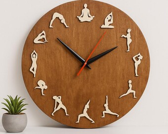 Wooden Yoga Wall Clock, Natural Wood Art Decor, Silent Movement Home Accent