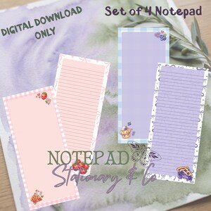 May include: A set of four rectangular notepads featuring two pink designs with strawberry illustrations and two purple designs with blueberry and muffin graphics. The notepads include lined and unlined options with gingham and bow borders. Text reads: DIGITAL DOWNLOAD ONLY, Set of 4 Notepad, NOTEPAD Stationery & Co.