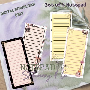 May include: A set of four rectangular notepads featuring lined paper with various illustrations including spider webs, a skull, a potion bottle, and a broomstick. The text "DIGITAL DOWNLOAD ONLY" and "Set of 4 Notepad" is visible on the image.